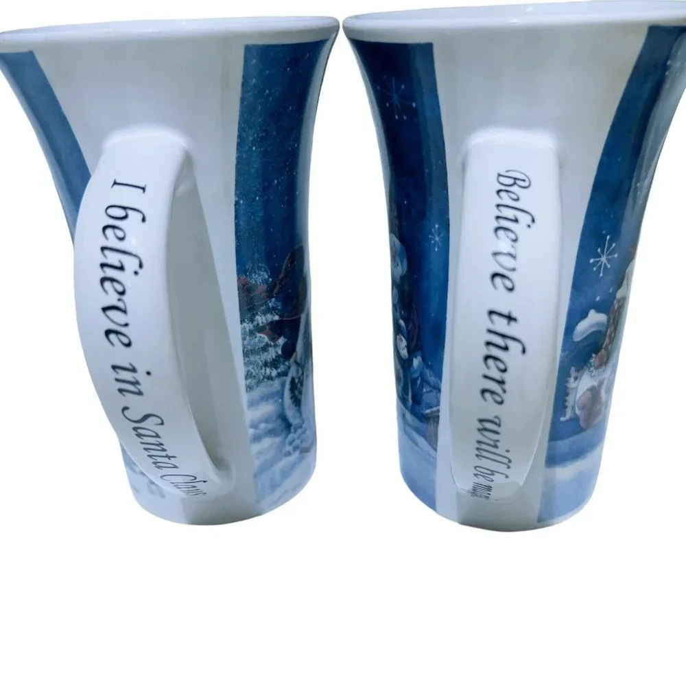 Christmas Winter Time Pair of Latte Mugs Coffee Tea Cups Blue sayings on handles